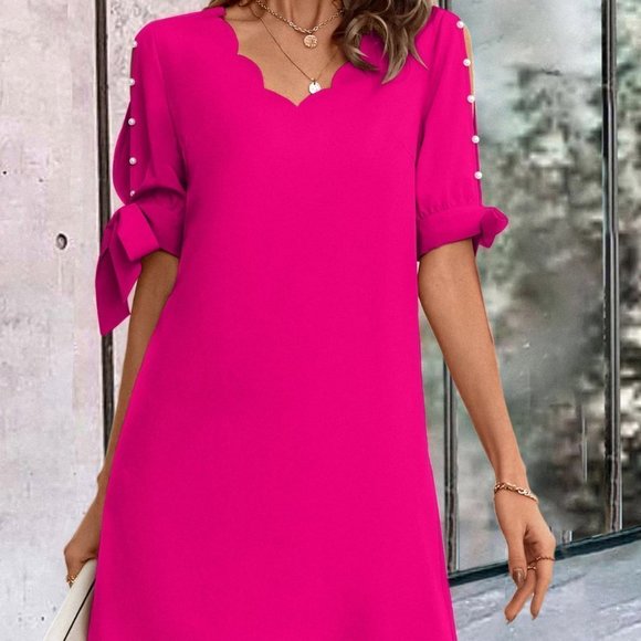 HOT Pink Casual Womens Pearls Beaded Scallop Trim Knot Cuff Tunic Dress - Picture 3 of 5